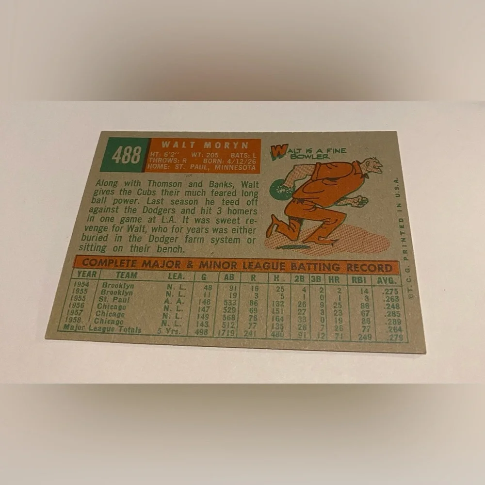 Walt Moryn 1959 Topps Baseball Card # 488 Chicago Cubs Vintage Collectible